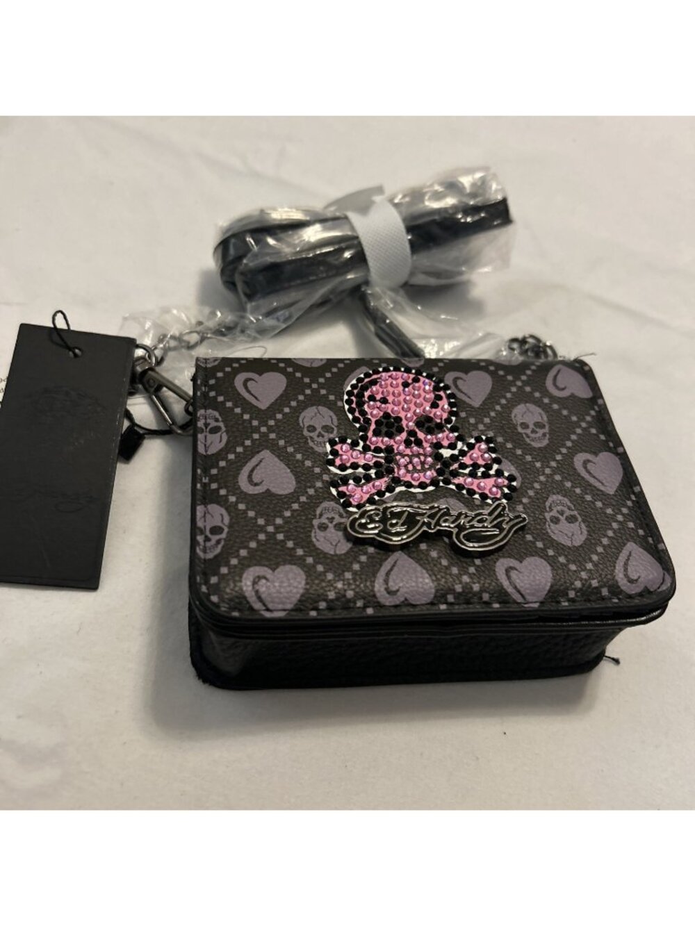 Ed Hardy Black & Gray W/Pink Skull Heart Crossover Small Purse Wallet Strap New